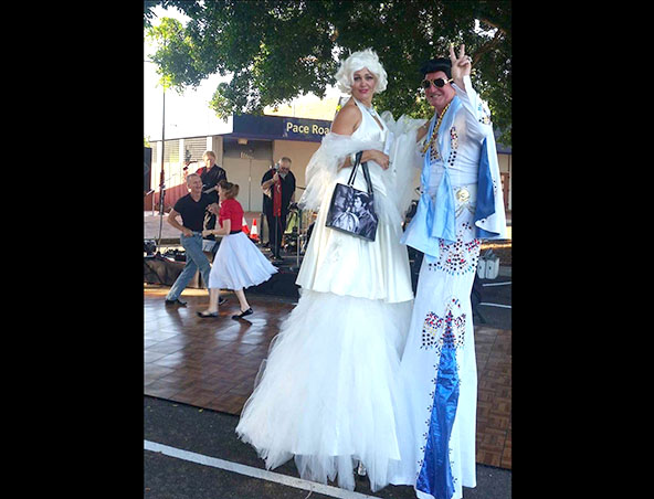 Elvis and Marilyn Stilt Walkers Perth - Roving Entertainment